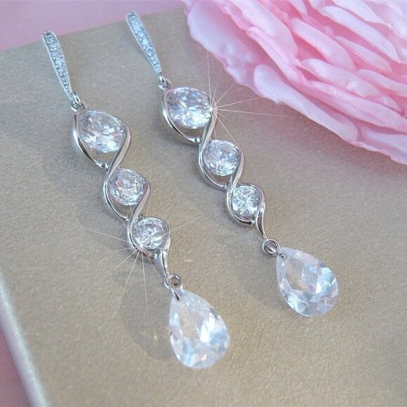 Linear CZ Diamond Earrings, Unique Channel Set Braided Drop Nadri Style - Picture 1 of 6